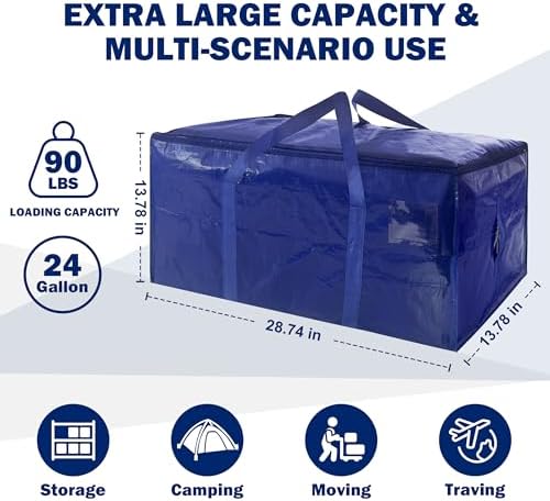 8 Pack Extra Heavy Duty Large Moving Bags with Strong Zipper & Carrying Handles, Sturdy Clothes Storage Bags Totes Bins, Packing Bag Move Boxes College Moving Supplies, Dark Blue - 24 gal - Image 2