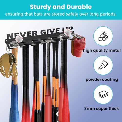 Baseball Bat Holder Wall Mount Softball Storage Hooks Metal Rack Hanger Fence on Wall Home and Field for Display Heavy Duty Steel Organizer Hanging Sports Equipment Holds 14 Bats Never Give UP - Image 4