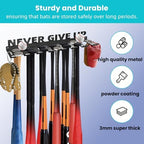 Baseball Bat Holder Wall Mount Softball Storage Hooks Metal Rack Hanger Fence on Wall Home and Field for Display Heavy Duty Steel Organizer Hanging Sports Equipment Holds 14 Bats Never Give UP - Image 4