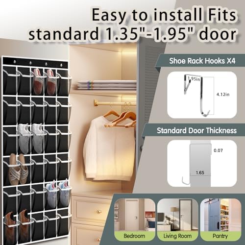 Kotkn Over the Door Shoe Organizer with 30 Breathable Mesh Pockets - Large Capacity Closet Storage for Men & Women, Hanging Shoe Rack Organizer (Solid black) - Image 4