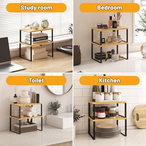 Kitchen Cabinet Organizer Shelf Set of 4, Sturdy Kitchen Counter Shelves with Metal Legs, Stackable Expandable Wood Spice Rack Pantry Cupboard Dish Mug Cup Storage Organizer Shelf,Black+Bamboo - Image 6