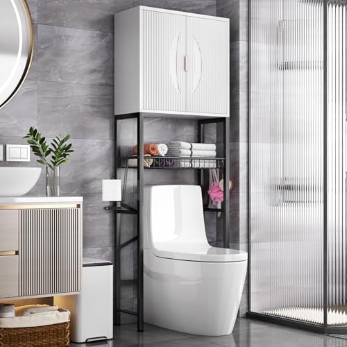 Kalrin Over The Toilet Storage Cabinet with Fluted Wave Doors and Adjustable Shelf, Wood Over Toilet Storage Rack with Drain Basket, Freestanding Bathroom Organizer for Balcony Laundry, White & Black by Kalrin