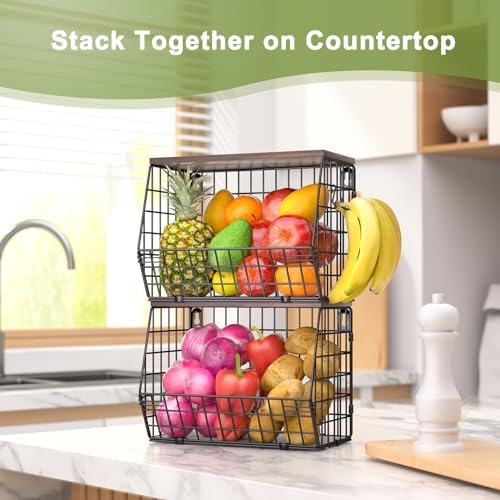 Wawocs Fruit Basket for Kitchen Counter 2 Tier Fruit Bowl, Stackable Wall Mounted Hanging Fruit Basket Wire Baskets with Wood Lid with 4 Banana Hanger Hooks, Onion Basket, Fruit and Vegetable Storage - Image 6