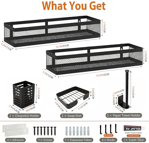 PUSDON 5-in-1 16.5" Extra Long Slim Wall Mount Wrapped Mesh Kitchen Organizer & Shower Caddy Kit, with Paper Towel Holder, Utensil Holder, Soap Dish, Holds 50LBS - Matte Black, Netting - Image 2