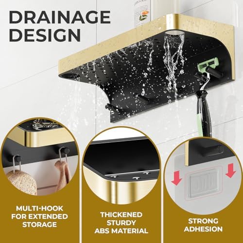 Shower Caddy Adhesive with 5 Hooks & Drainage, No-Drill, Gold - Image 4