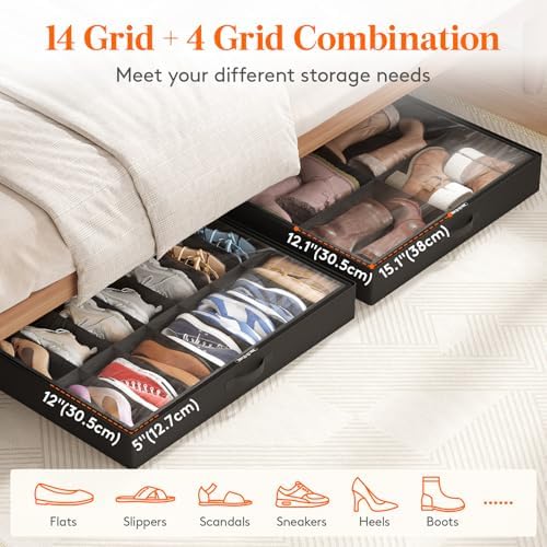 Lifewit Under Bed Shoe Storage Organizer 1 Pack(14 Shoes Cells+4 Boots Cells), 4.3 Inches Profile Fabric Shoes Container Box with Clear Cover, Foldable Storage Bag with 2 Handles, Fits 11 to 18 Pairs - Image 4