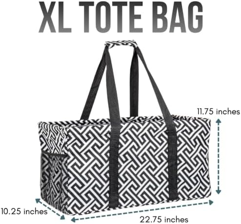 Extra Large Utility Tote Bag - Oversized Collapsible Reusable Wire Frame Rectangular Canvas Basket With Two Exterior Pockets For Beach, Pool, Laundry, Car Trunk, Storage - Geometrc Black - Image 4