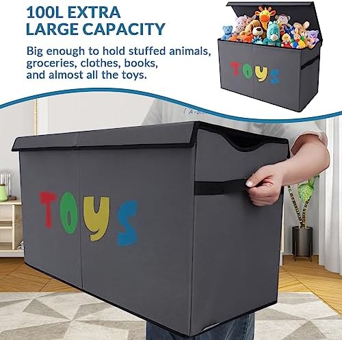YOLOXO Toy Box Chest, Collapsible Sturdy Storage Bins with Lids, Extra Large Kids Toy Storage Organizer Boxes Bins Baskets for Kids, Boys, Girls, Nursery Room, Playroom, Closet (A-TBX-GRAY-MULTI) - Image 2