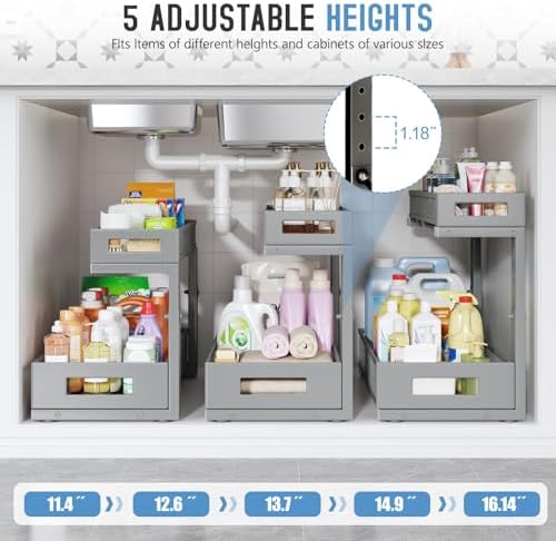 1 Pack 17IN Depth Under Sink Storage Organizer, Large 2-Tier Elegant Mesh Pull Out Shelf for Kitchen and Bathroom Cabinet Organization, L-Shaped and Adjustable Height Design-Gun Gray - Image 4