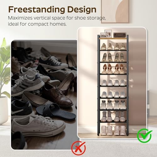 YATINEY 8-Tier Narrow Shoe Rack, Tall Shoe Rack for 8-16 Pairs, Slim Shoe Storage Organizer with Wooden Top, Space Saving, Metal Frame, for Entryway, Rustic Brown and Black SS608BR - Image 4