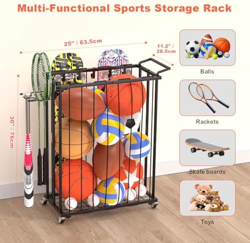 Multi-Functional Sports Storage Rack with Elastic Rope, Movable Racket Holders & Hooks - Heavy-Duty Organizer for Balls, Tennis/Badminton Rackets, Skateboard - Ideal for Garage, Home Gym & Playroom - Image 2