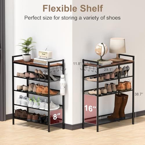 Refrze Shoe Rack for Entryway,5 Tier Height-Adjustable Metal Rustic Brown - Image 2