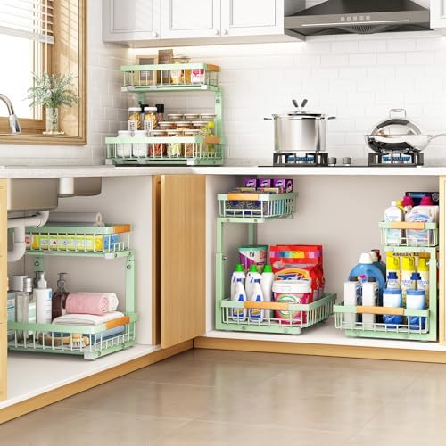 PXRACK Under Sink Organizer, Adjustable Height, 2 Tier Pull Out Under Cabinet Organizer, Slide Out Thickened Metal Under Sink Storage for Kitchen Bathroom Laundry Pantry Cabinet, Green, Large-2-Pack - Image 7