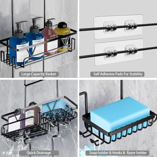 DAOYA Over the Shower Head Caddy with 2 Baskets & Soap Holder, Non-Slip Design for 0.82-Inch Showers, Black, Stainless Steel - Image 3