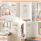 Keebofly Wall Mounted Jewelry Organizer with 2 Tired Shelves & Ring Holder- Jewelry Holder Wall Storage Display for Earrings, Necklace, Bracelet, Hair Accessories for girls in Bathroom Bedroom, White - Image 5