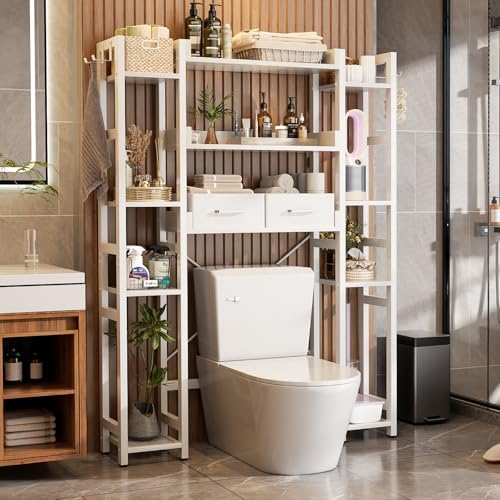 Besiost Over The Toilet Storage, 11 Tier Bathroom Organizer with Dual Side Racks and 2 Fabric Drawers, Adjustable Freestanding Rack Space Saver for Small Spaces, White - Image 4