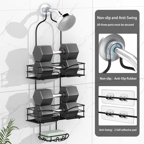 DAOYA Bathroom Shower Caddy Hanging - 3-Tier Organizer with Soap Holder & 6 Hooks for Towels, Sponge; Fits 21mm Shower Head Arm, Black - Image 4