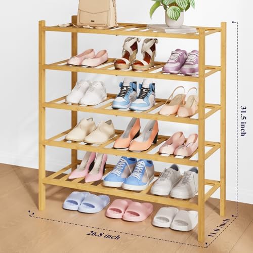 Kitsure Bamboo Wooden Shoe Rack for Closet, 26.8" Wide - 5 Tiers, Natural - Image 2