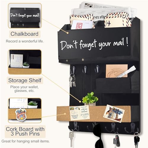 Mail Organizer Wall Mounted with Key Holder, Shelf, Midnight Black - Image 4