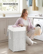 SONGMICS Laundry Hamper with Lid, 17.2 Gallon (65 L) Synthetic Rattan Clothes Laundry Basket with Lid and Handles, Foldable, Removable Liner, Cloud White ULCB165W01 - Image 2