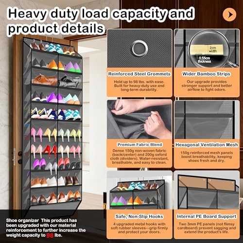 Kotkn 10-Tier Over the Door Shoe Organizer, 20 Pockets Holds 20-30 Pairs, Heavy-Duty Oxford Fabric with Hexagon Mesh for Boots & Sneakers-Dark Gray - Image 3