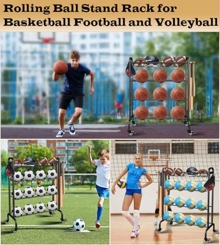 Basketball Racks Holder for Balls with Wheels, Rolling Metal Sports Equipment Storage Stand Organizer with Baskets and Hooks for Basketballs Footballs Volleyball, Black - Image 7