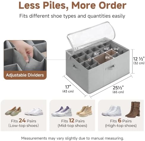 StorageWorks 24-Pair Large Shoe Storage Box, Adjustable Dividers, Grey - Image 3