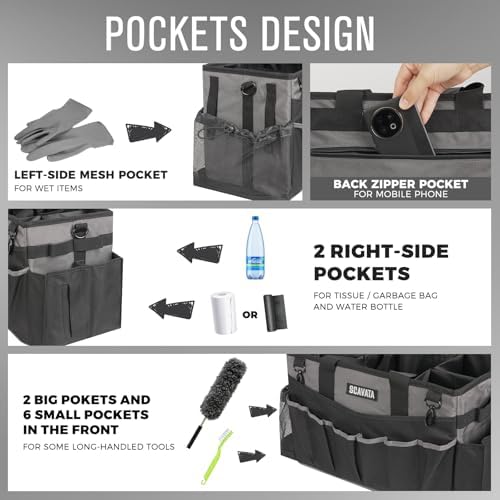 SCAVATA Wearable Cleaning Caddy Bag, Cleaning Caddy Supplies Organizer with Handle & Shoulder Straps for Housekeepers, Under Sink & Car Cleaning Tool Organizers with 4 Foldable Divider (DarkGrey) - Image 2