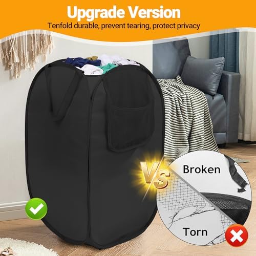 Pop Up Laundry Hamper with Side Pockets, Foldable Laundry Basket Reinforced, Privacy Protection Collapsible Basket, Sturdy and Lightweight Clothes Hamper for Dorm, Bedrooms, Bathrooms, Travel black - Image 6
