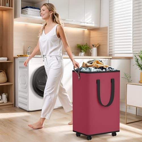 SpaceTrove Rolling Laundry Basket with Wheels, Laundry Hamper, 100L, Red - Image 3