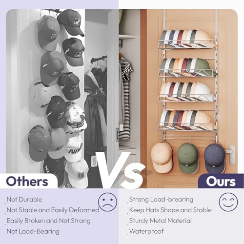 SWTYMIKI Over Door Hat Organizer - 5 Tier Wall Mounted Hat Rack with 4 Adjustable Metal Basket Heights Design and 3 Hooks, Baseball Cap Organizer Storage Holds up to 49 Caps for Door, Bedroom, Closet - Image 3