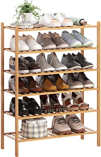 BMOSU 6-Tier Bamboo Shoe Rack Premium Stackable Shoe Shelf Storage Organizer for Hallway Closet Living Room Entryway Organizer (Natural Bamboo) by BMOSU
