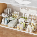 Delamu 4 Pack 2-Tier Bathroom Under Sink Organizers and Storage, Multi-Purpose Stackable Pantry Organization and Storage, Pull Out Clear Kitchen Bathroom Cabinet Organizer with Movable Dividers, White by DELAMU