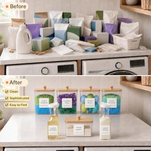 5+2 Pack Laundry Pods Containers & Dryer Sheet Holder & Laundry Detergent Dispenser, Laundry Room Organization and Storage Jars with Lids, Labels and Scoops for Scent Booster, Powder, Pods - Image 6