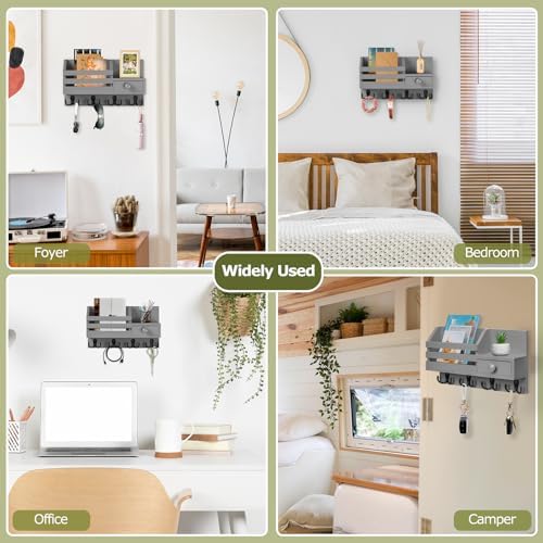 Key Holder Wall Mount, Wooden Key and Mail Organizer, Gray - Image 6