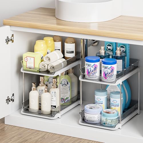 Delamu 2-Tier Multi-Purpose Bathroom Under Sink Organizers and Storage, Stackable Kitchen Pantry Organization, Pull Out Medicine Cabinet Organizer with Movable Dividers, Grey, 4 Pack - Image 5