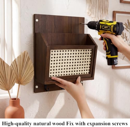 Rattan Mail and Key Holder Wall Mounted, Wood Magazine Mail Sorter Rack Wall Organizer with 2 Slots 3 Hooks for Coat, Dog Leash, Decorative Key Rack for Entryway,Living Room (Dark Brown) - Image 2
