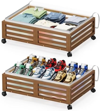 Under Bed Storage with Wheels, 2 Pack Bamboo Drawers for Shoes and Clothes by WisuceHome
