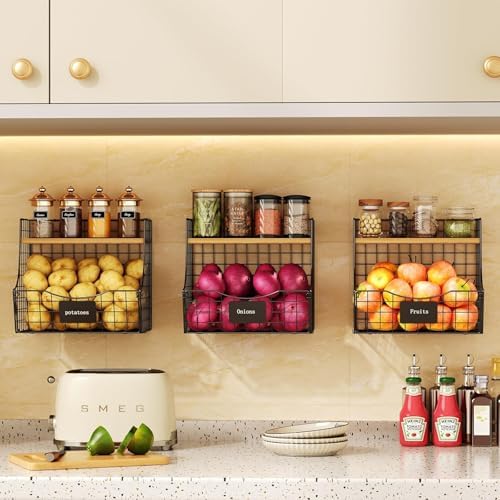 3 Pack wire Fruit Basket for Kitchen with Wood Lid - Counter&Wall Mounted Onion and Potato Storage with Nameplate, Hanging Baskets for Vegetable,11.81 * 10.63 * 8.66 Inch by Jautokerdar