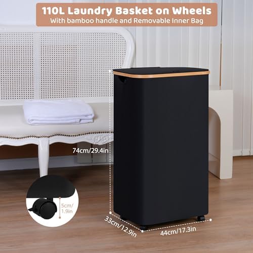 IEGrow Laundry Basket with Wheels 110L Clothes Hamper for Laundry,Black - Image 2