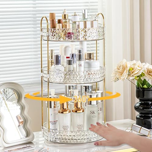 Large Capacity Rotating Makeup Organizer Perfume Stand Holder, 3 Tier Clear - Image 2