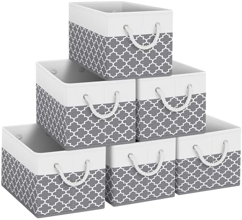 Fab totes Storage Bins 6-Pack, Foldable Storage Baskets for Organizing Toys, Books, Shelves, Closet, Large Storage Box with Rope Handles, Sturdy Organizer Bins,Clover Grey by Fabtotes