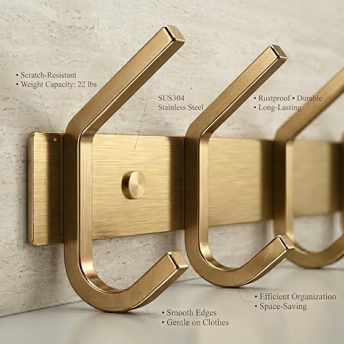 Brushed Gold Wall Mounted Coat Rack – 24 Inch Stainless Steel Rail with 8 Double Coat Hooks for Entryway, Bathroom, Bedroom, Kitchen – Modern Gold Hook Rack for Coats, Hats, Towels - Image 3