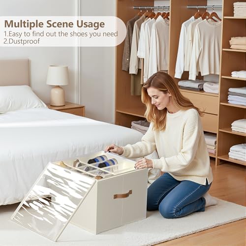 Vincona Shoe Organizer for Closet, 2 Pack Foldable Shoe Storage Bins with Clear Cover & Handles, 16-Compartment Shoe Box for Sneakers, Heels, Boots, Space-Saving Shoe Rack for Entryway, Dorm, RV - Image 6