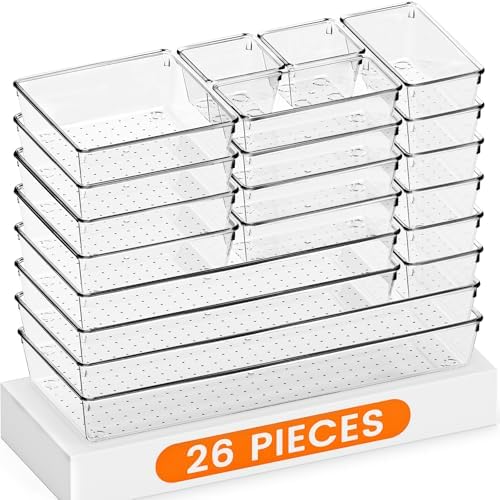 Criusia Drawer Organizer, 26 Pack Clear Plastic Drawer Organizer Bins, Versatile Organization and Storage Trays for Kitchen, Bathroom, Vanity Makeup and Office by Criusia