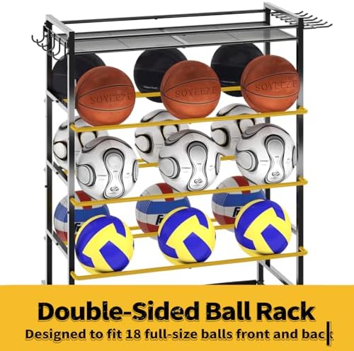 SOYEEZE Garage Sports Equipment Organizer-Large 5 Layer Ball Storage, Basketball Stand Holder, Outdoor Toy Storage, Baseball Bat Rack, Rolling Ball Cart with Hooks and Wheels for Indoor/Outdoor Use - Image 3