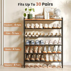 6 Tier Shoe Rack Organizer for 24-30 Pairs, Tall Metal Shoe Storage Shelf with Wood Top, Adjustable Boot Space, Narrow Design for Entryway Closet, Rustic Brown and Black - Image 4