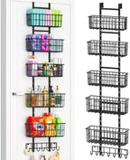 Hongtamoya Adjustable Over the Door Organizer, Metal Hanging Door Organizer with 5 Wire Basket 7 Hooks, Wall Mounted Shelf for Pantry Laundry Organization and Storage, Black by Hongtamoya