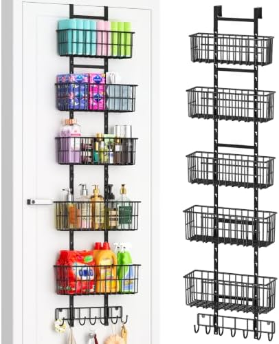 Hongtamoya Adjustable Over the Door Organizer, Metal Hanging Door Organizer with 5 Wire Basket 7 Hooks, Wall Mounted Shelf for Pantry Laundry Organization and Storage, Black by Hongtamoya