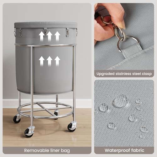 ELYKEN Laundry Basket with Wheels, Round Rolling Laundry Hamper, Gray - Image 6